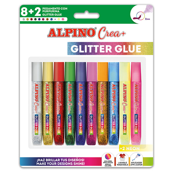 Pegamento Con Purpurina Blister De 10 Unidades - Pegamento Con Brillantina - Glitter Glue - Pegamento Para Decoraciónes Con Brilli Brilli Colores Básicos Y Neón - Alpino