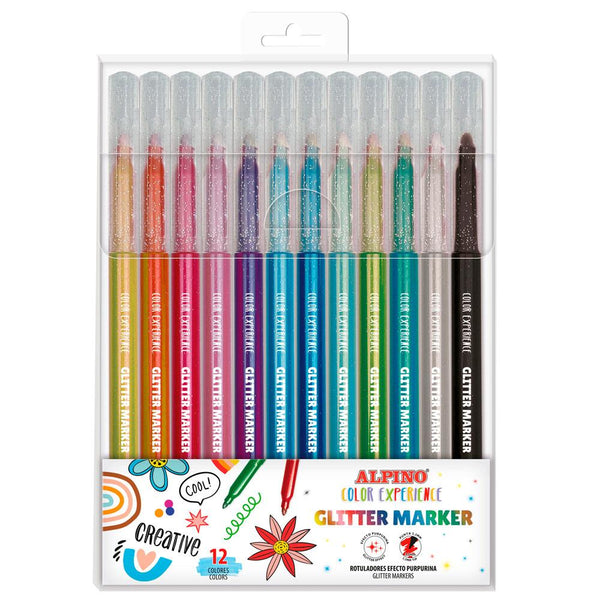 Alpino Estuche 12 Glitter Marker Color Experience | Rotuladores con purpurina para escribir y decorar | Colores vivos y brillantes | Punta 3,3 mm resistente | Efecto purpurina