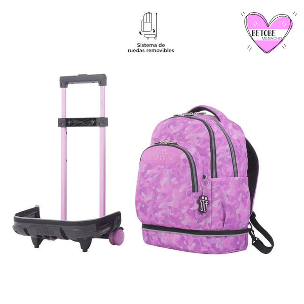 Mochila Escolar Grande Con Ruedas Totto Desmontable Camuflaje Rosa - Tiza - Carro Desmontable